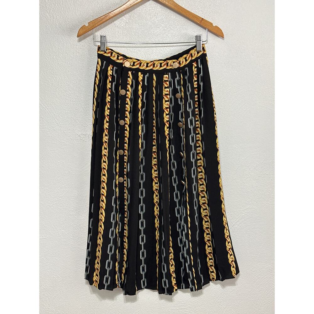 VTG Mamo Midi Pleated Skirt S Black Gold Silver Chain Baroque Print Luxury Glam